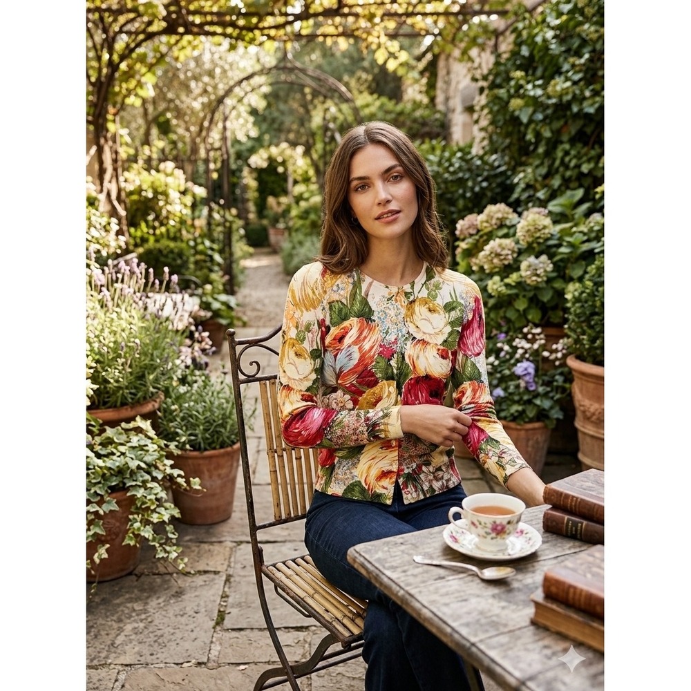 Cottagecore Charlotte Tarantola Floral Silk Blend Cardigan Botanical Print